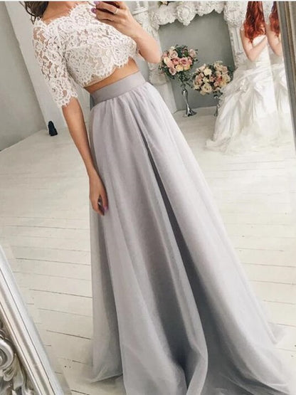 Trendy Off the Shoulder Lace Crop Top Bridal Separates with Grey Tulle Skirt,20082556