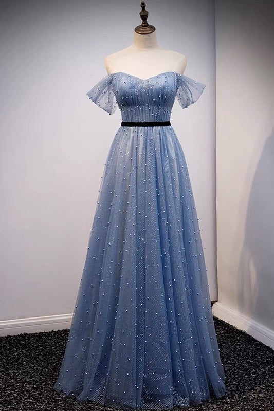 Tulle Dusty Blue Flowy Long Prom Dress - DollyGown