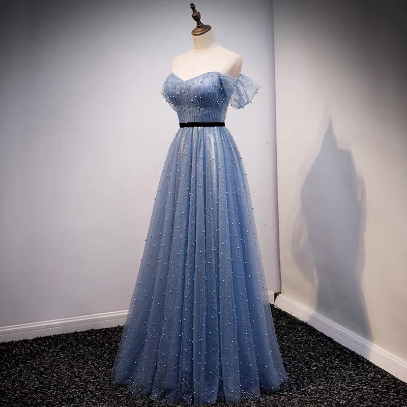 Tulle Dusty Blue Flowy Long Prom Dress Tulle Dusty Blue Flowy Long Prom Dress
