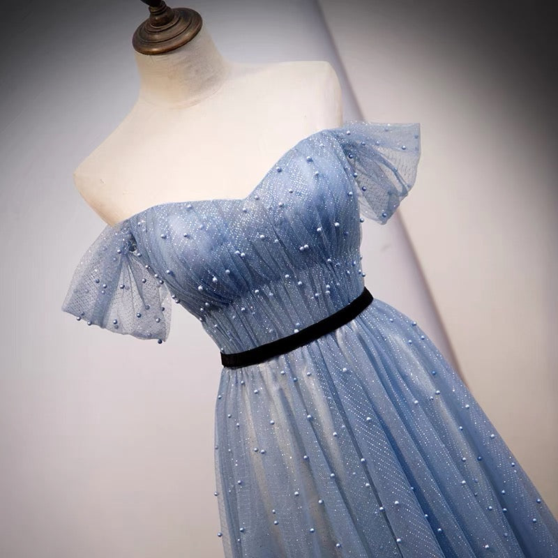 Tulle Dusty Blue Flowy Long Prom Dress Tulle Dusty Blue Flowy Long Prom Dress