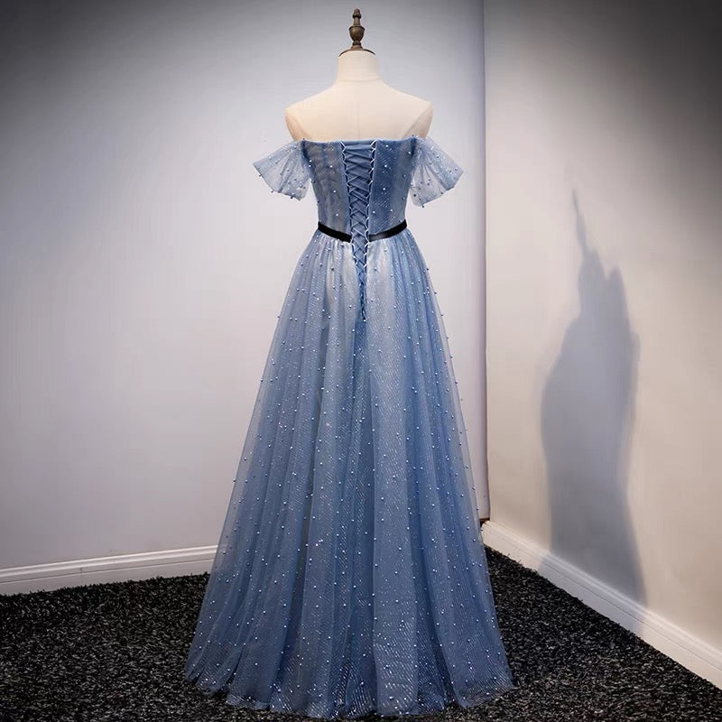 Tulle Dusty Blue Flowy Long Prom Dress - DollyGown