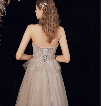 Tulle Flowy Boho Light Gray Prom Dress - DollyGown