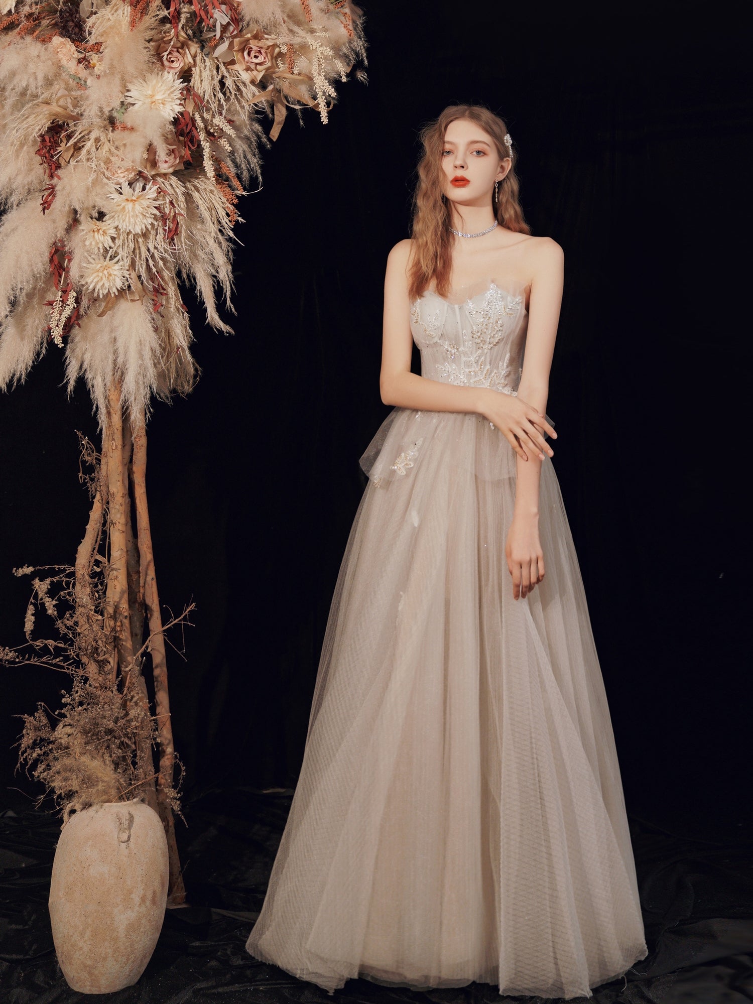 Tulle Flowy Boho Light Gray Prom Dress Tulle Flowy Boho Light Gray Prom Dress