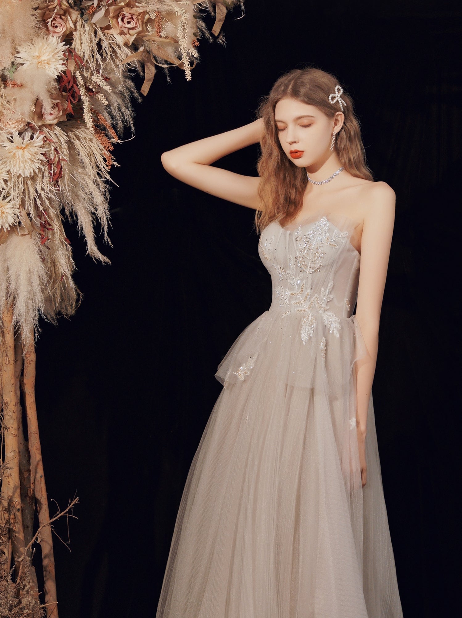 Tulle Flowy Boho Light Gray Prom Dress - DollyGown
