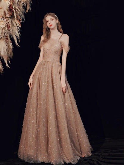 Tulle Maxi Champagne Prom Dress - DollyGown