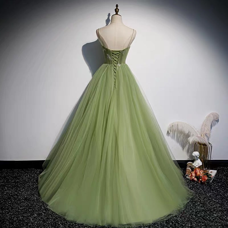 Girls in green wedding dress kissing, very long straight black hair, high  heels, front face, satin wide ball gown on Craiyon