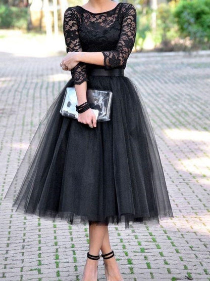 Two Piece Tulle Skirt Bridesmaid Dresses Black Tea Length Bridesmaid Dresses with Sleeves Black Prom Dress,FS081