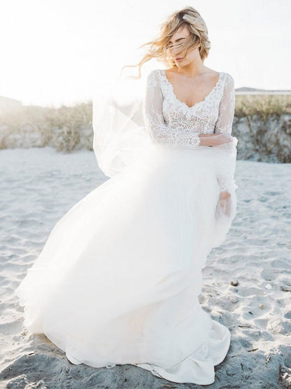 Two Piece Wedding Dress, Beach Wedding Dress,Bridal Separates Long Sleeve Top,20082230