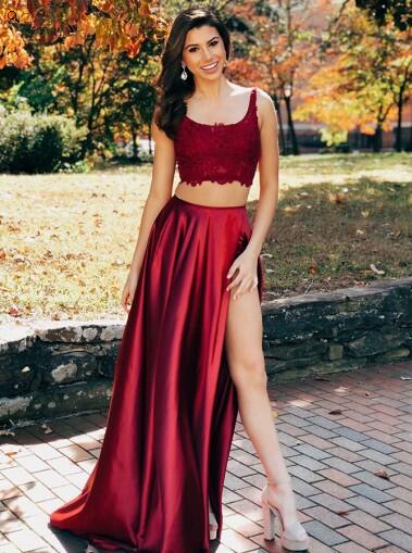 Cute Long Side Slit Two Piece Occasion Graduation Red Prom Dress Sweet 16 Dress,GDC1106-Dolly Gown