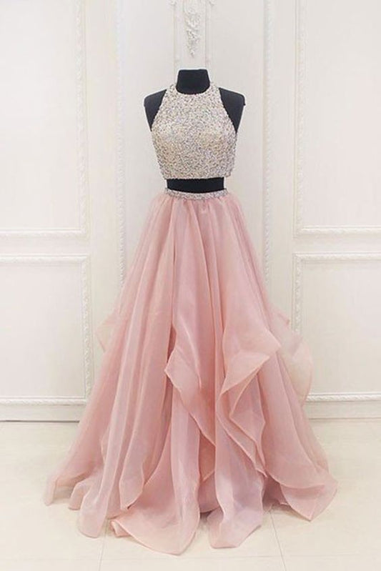 Dazzling Halter Organza Pink Two Piece Long Prom Dress Graduation Sweet 16 Dress,GDC1216-Dolly Gown