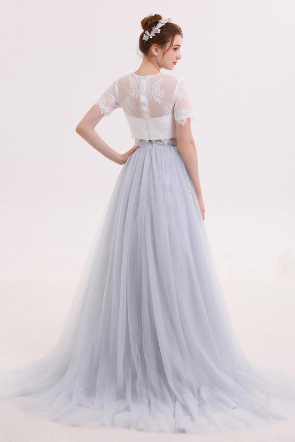 Long Tulle Skirt Two Piece Wedding Dress with Lace Crop Top,GDC1215-Dolly Gown