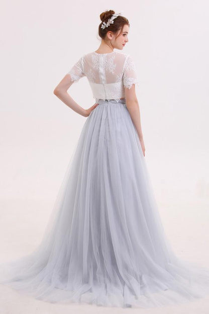 Long Tulle Skirt Two Piece Wedding Dress with Lace Crop Top,GDC1215-Dolly Gown