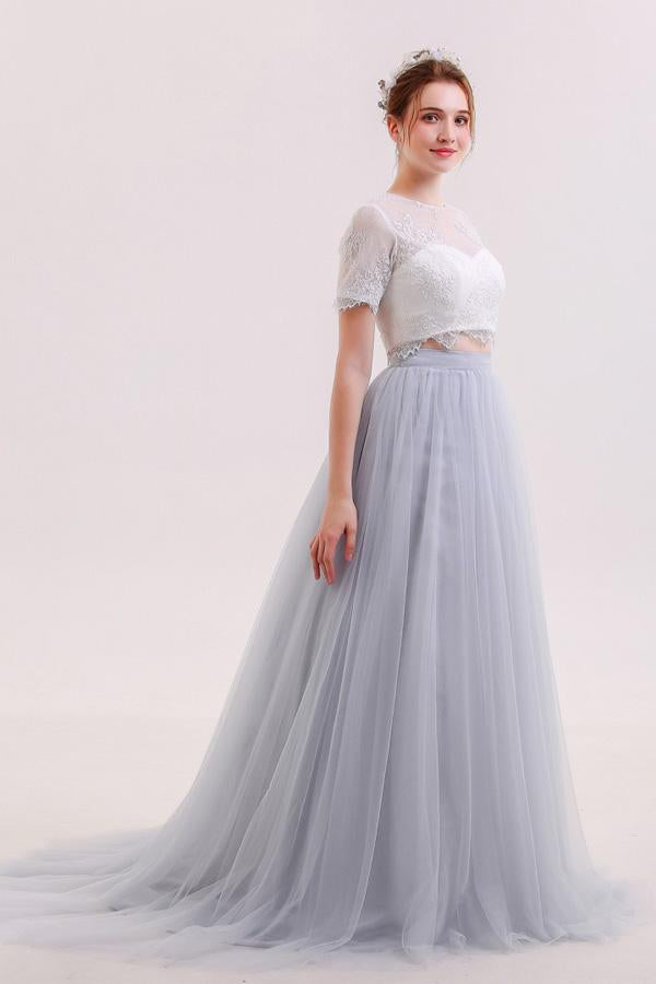 Long Tulle Skirt Two Piece Wedding Dress with Lace Crop Top,GDC1215-Dolly Gown