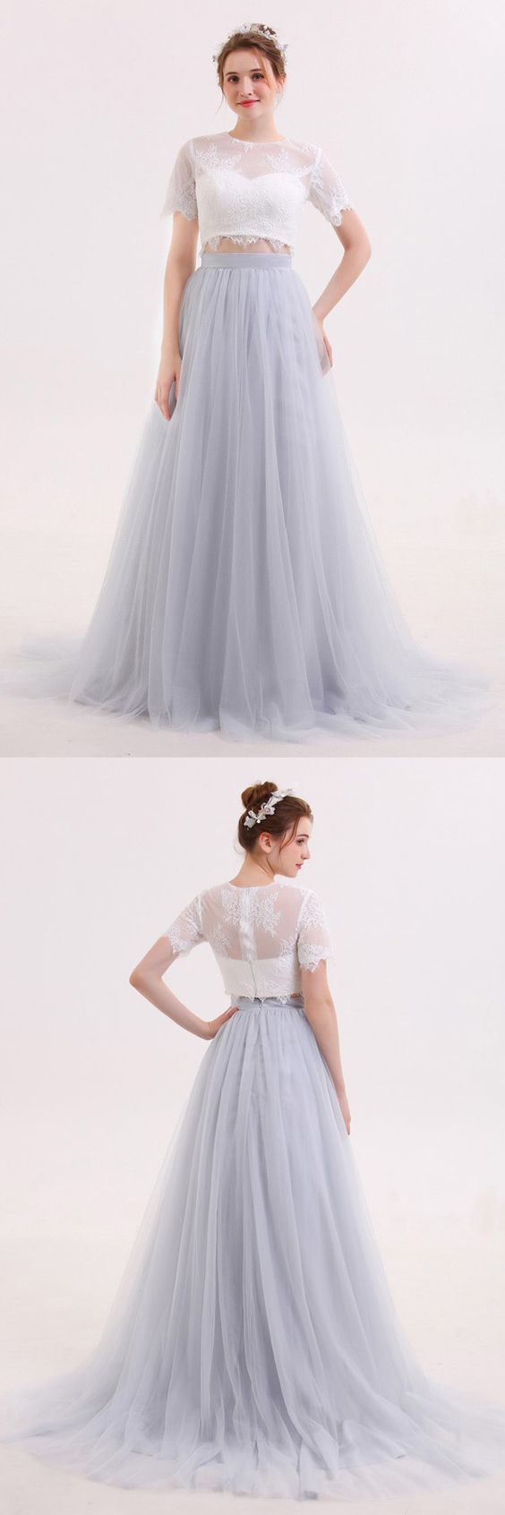 Long Tulle Skirt Two Piece Wedding Dress with Lace Crop Top,GDC1215-Dolly Gown