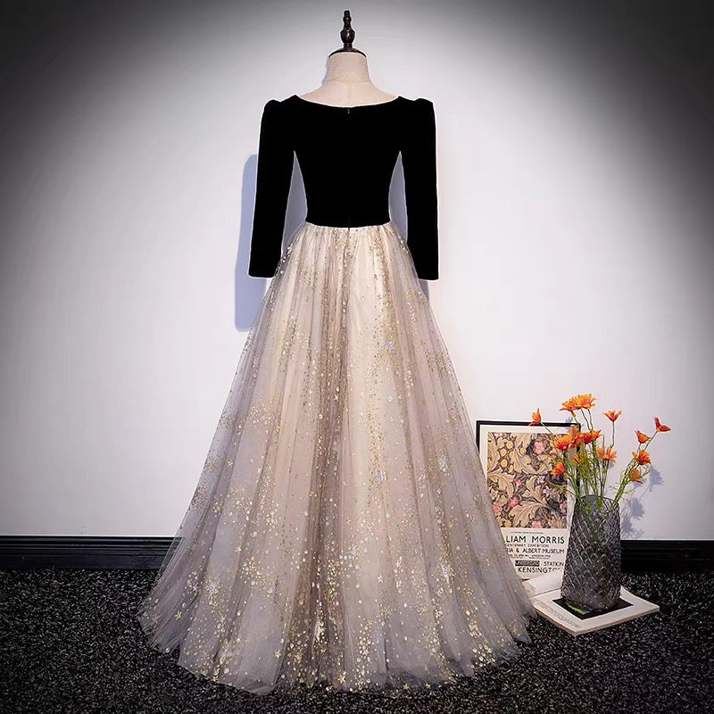 Unique Black Velvet Prom Dress with Glitter Bottom -DollyGown