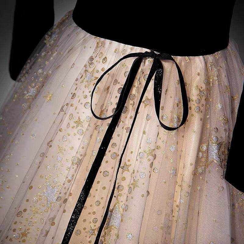 Unique Black Velvet Prom Dress with Glitter Bottom -DollyGown