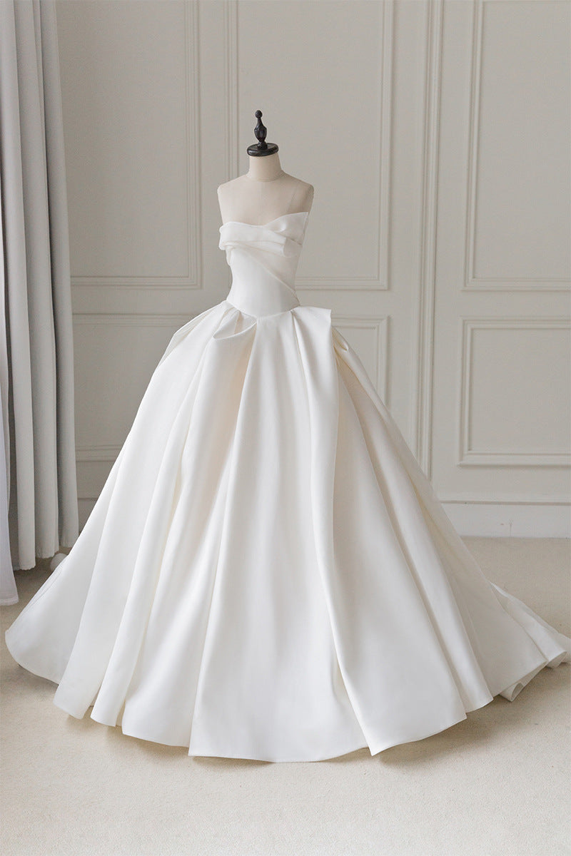 duchess satin wedding dress Long sleeve - Polar Star - XS / US0 / EU30 / UK4 / (Bust 29-32.5, Waist 25.5 Inch) a dropped V basque waist and a full gathered ball gown skirt Unique Duchess Satin Strapless Ball