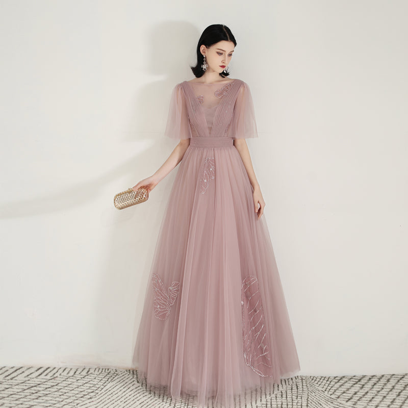 Unique Dusty Rose Long Flowy Prom Dress - DollyGown