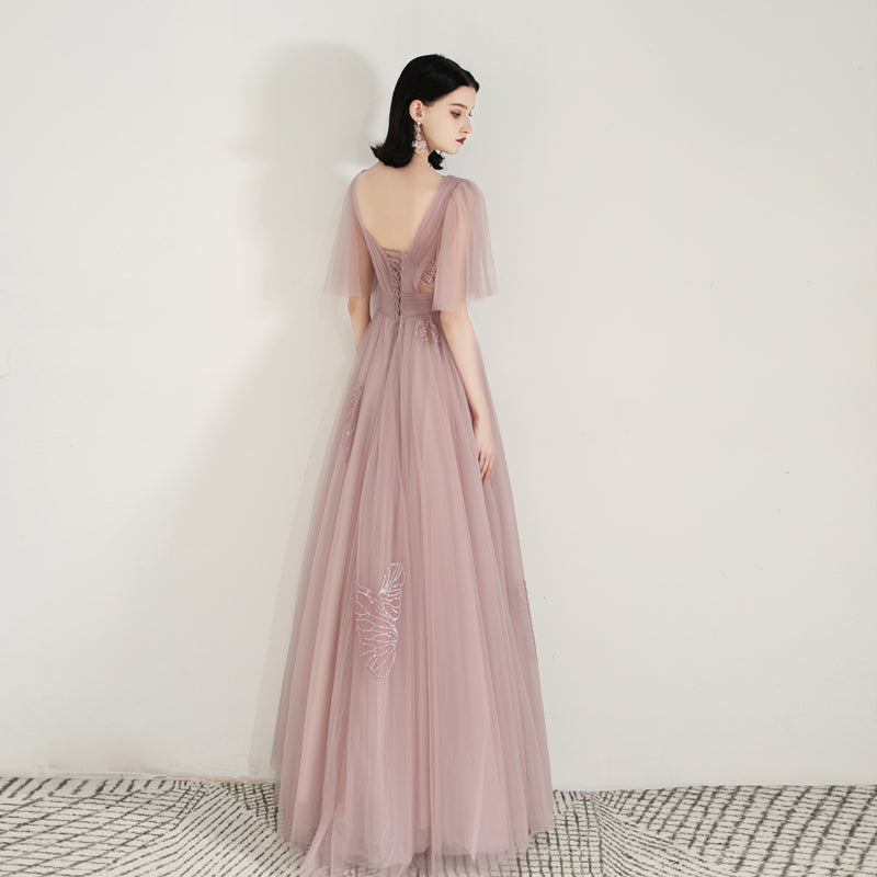 Unique Dusty Rose Long Flowy Prom Dress - DollyGown