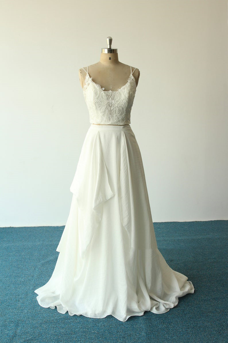 Unique Flowy Chiffon Spaghetti Straps Two Piece Crop Top Bridal Wedding Dress Unique Flowy Chiffon Spaghetti Straps Two Piece Crop Top Bridal Wedding Dress