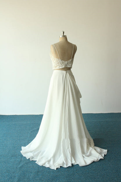 Unique Flowy Chiffon Spaghetti Straps Two Piece Crop Top Bridal Wedding Dress,20082227
