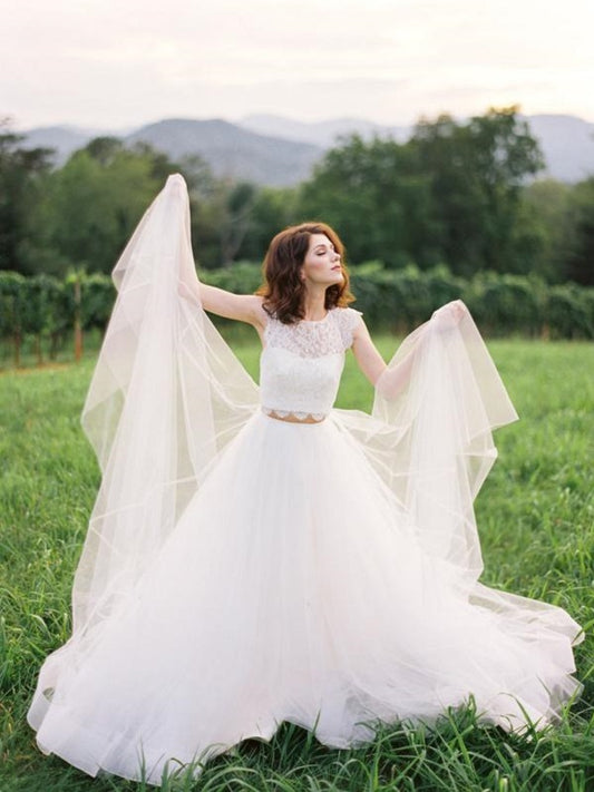 Unique Lace Cap Sleeves Crop Top Bridal Separates Two Piece Wedding Dress with Tulle Skirt