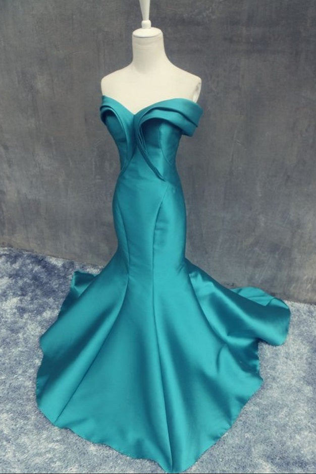 Unique Off Shoulders Turquoise Mermaid Prom Dress - DollyGown