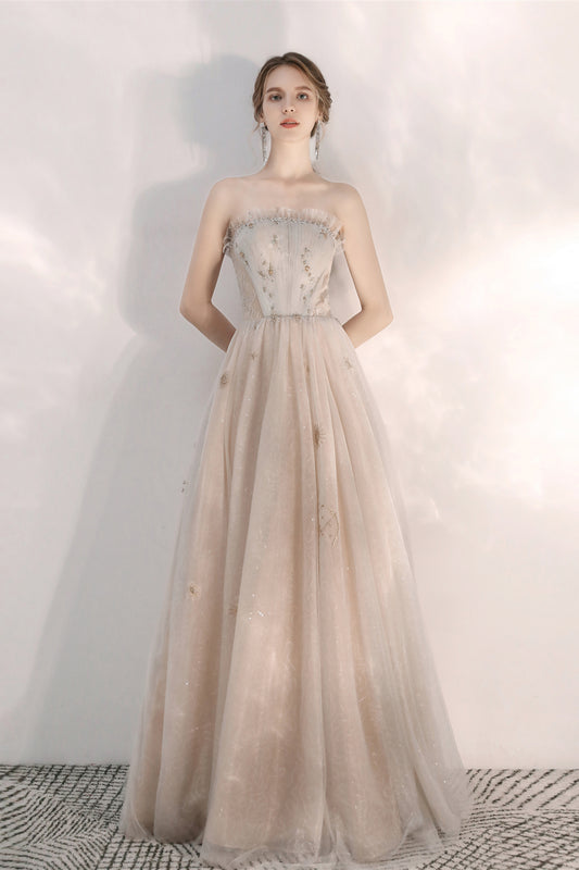 Unique Strapless Champagne Formal Prom Dress - DollyGown