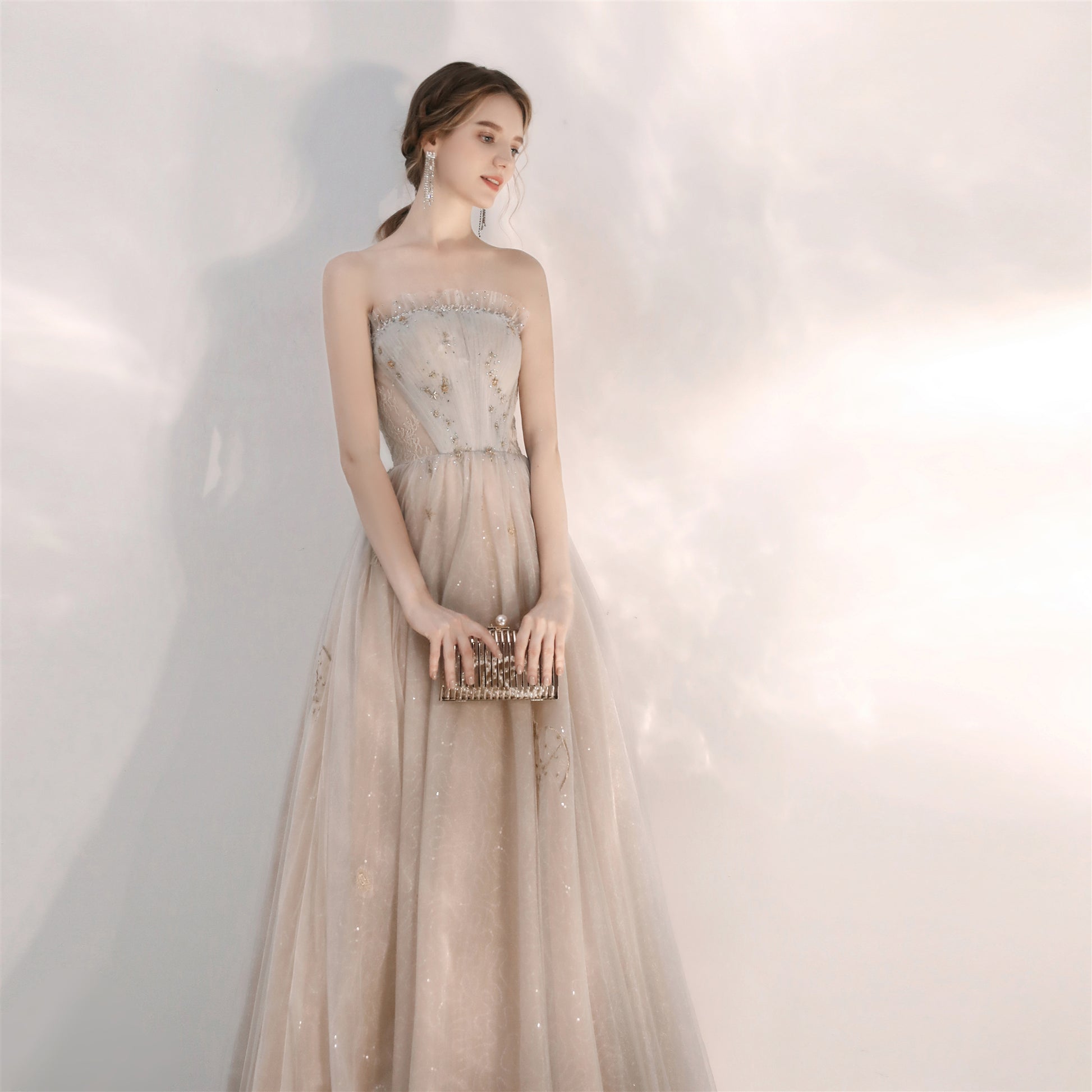 Unique Strapless Champagne Formal Prom Dress - DollyGown