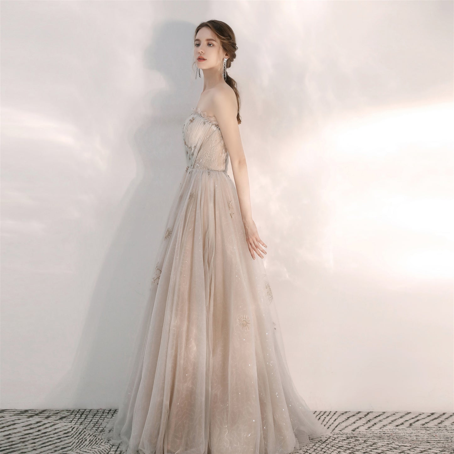 Unique Strapless Champagne Formal Prom Dress - DollyGown