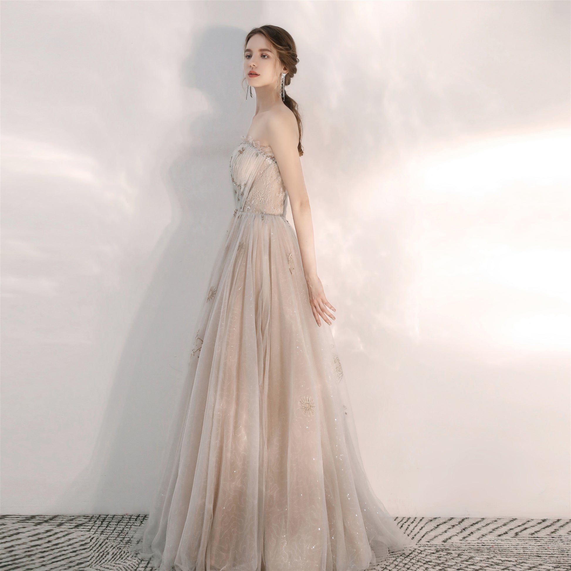 Unique Strapless Champagne Formal Prom Dress - DollyGown