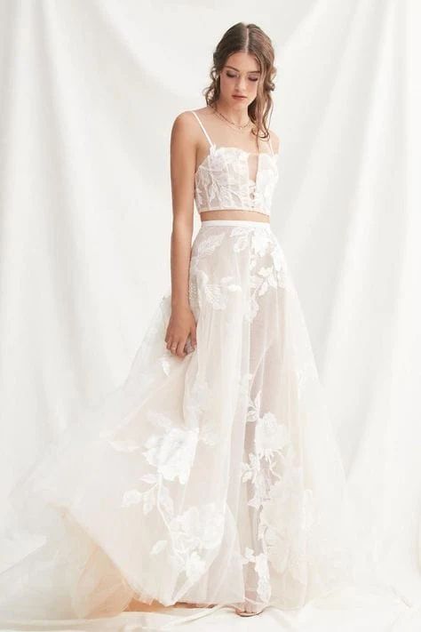 Unique Summer Tulle Lace Crop Top Wedding Dress - DollyGown