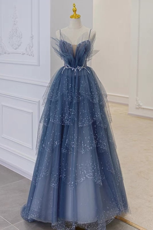 Unique Tulle Tiered Dusty Blue Prom Dress -DollyGown