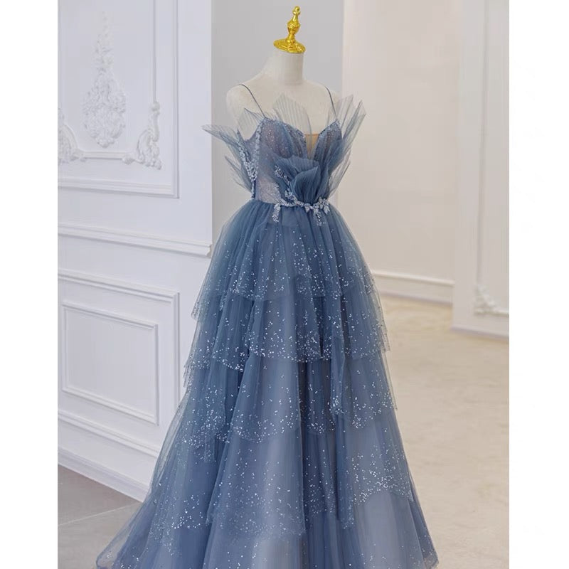Unique Tulle Tiered Dusty Blue Prom Dress -DollyGown