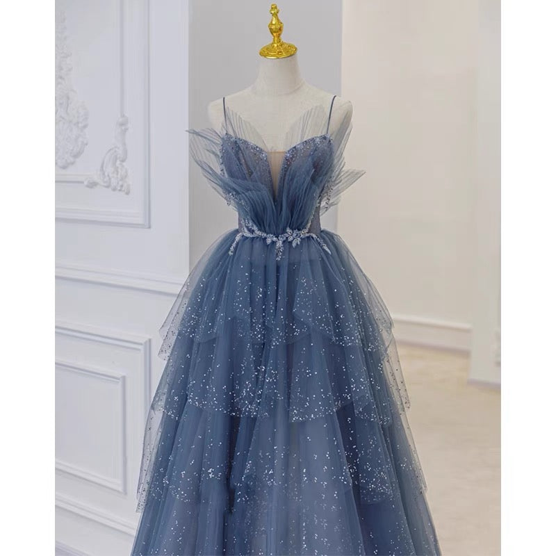 Unique Tulle Tiered Dusty Blue Prom Dress -DollyGown