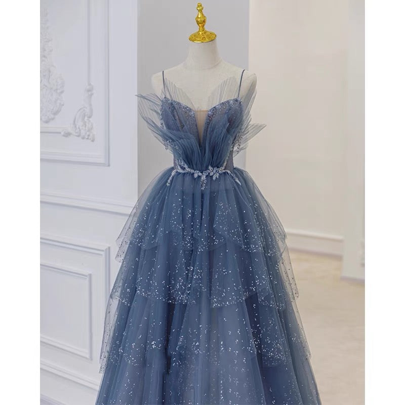 DDreamdressy Dusty Blue Tulle Bow Tie Shoulder Ruffle Long Prom Dress Dusty Blue / US 6