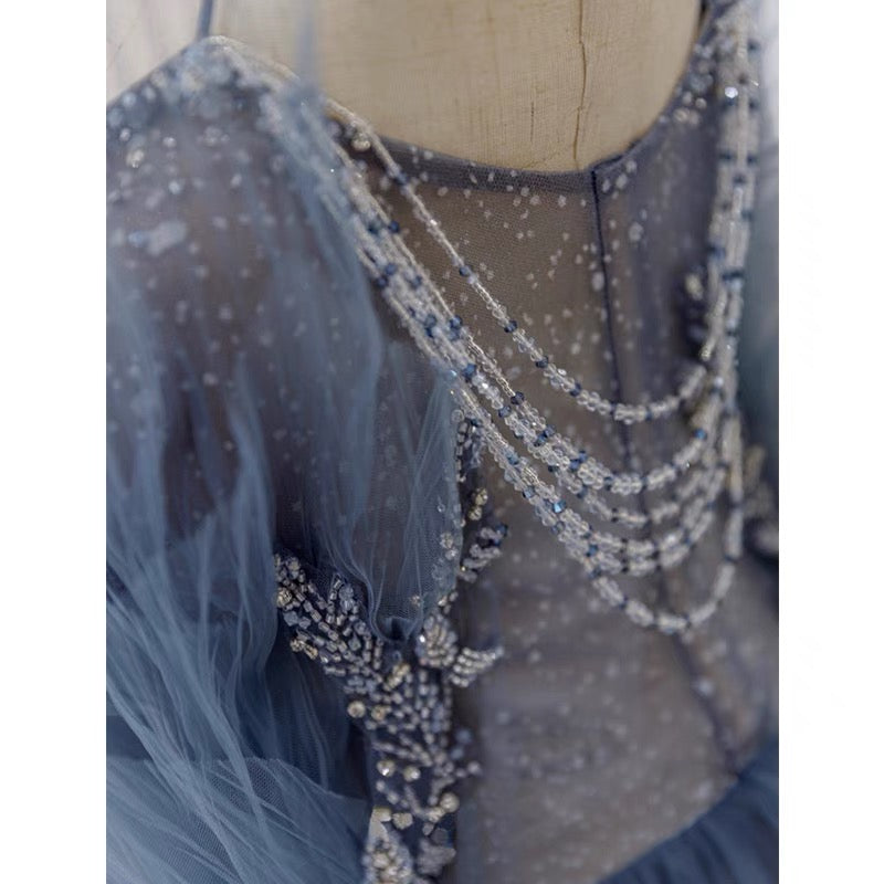 Unique Tulle Tiered Dusty Blue Prom Dress -DollyGown