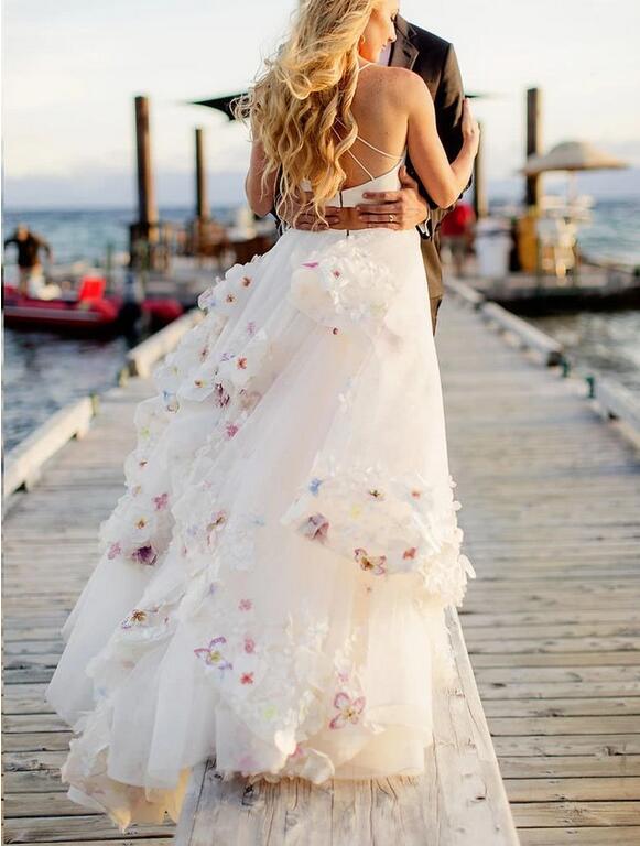 Unique Two Piece Spaghetti Straps Long Wedding Dress with Colored Handmade Flowers Skirt,20082206