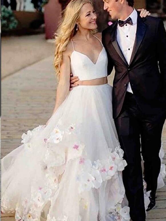 Unique Two Piece Spaghetti Straps Long Wedding Dress with Colored Handmade Flowers Skirt,20082206