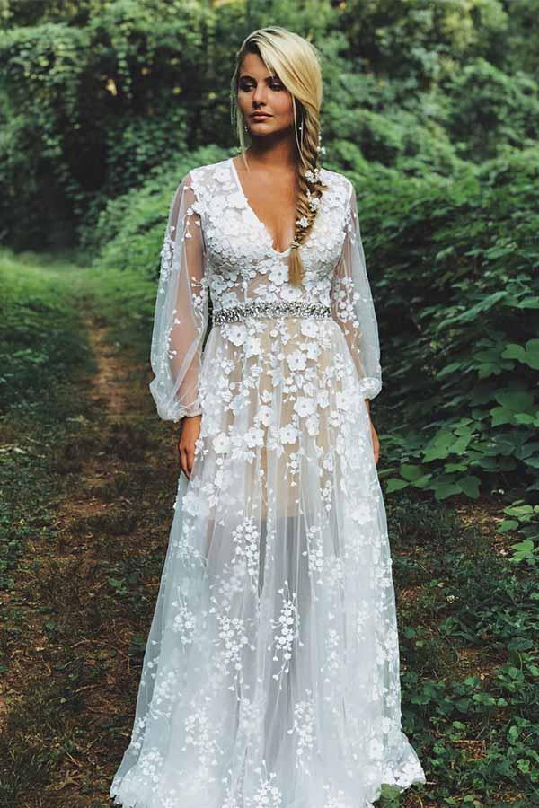 Unique Boho See Through A-line Rustic Country Wedding Dress, Vestido de novia ,GDC1242