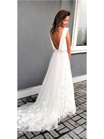 V back Boho Chiffon Beach Wedding Dress A-line Bridal Gown,GDC1225