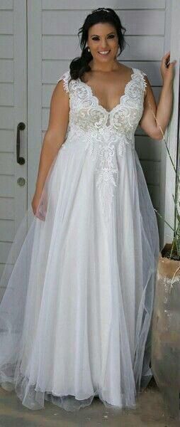 V neck A-line Tulle Plus Size Wedding Dress with Lace Appliques top ,GDC1085