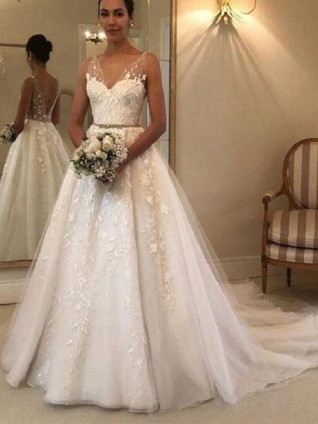V back Lace Tulle Wedding Dress,Vestidos de Novia with Lace Decoration,GDC1224