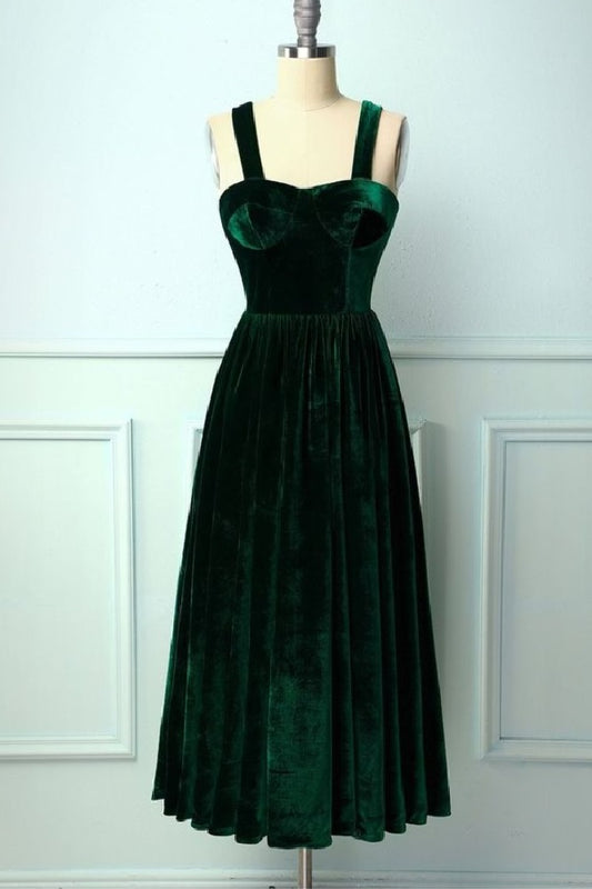 Vintage Emerald Green Velvet Tea Length Formal Dress Prom Dress - DollyGown