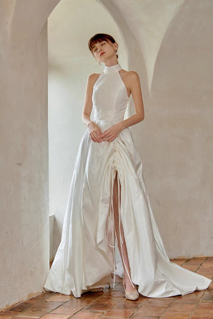 Vintage French Halter Silk Duchess Satin Wedding Dress - DollyGown