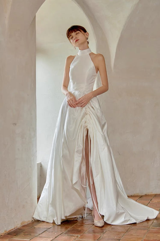Vintage French Halter Silk Duchess Satin Wedding Dress - DollyGown