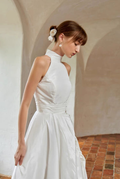 Vintage French Halter Silk Duchess Satin Wedding Dress - DollyGown