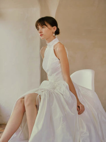 Vintage French Halter Silk Duchess Satin Wedding Dress - DollyGown