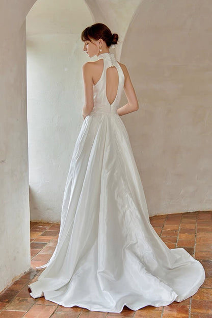 Vintage French Halter Silk Duchess Satin Wedding Dress - DollyGown