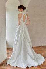 Vintage French Halter Silk Duchess Satin Wedding Dress - DollyGown